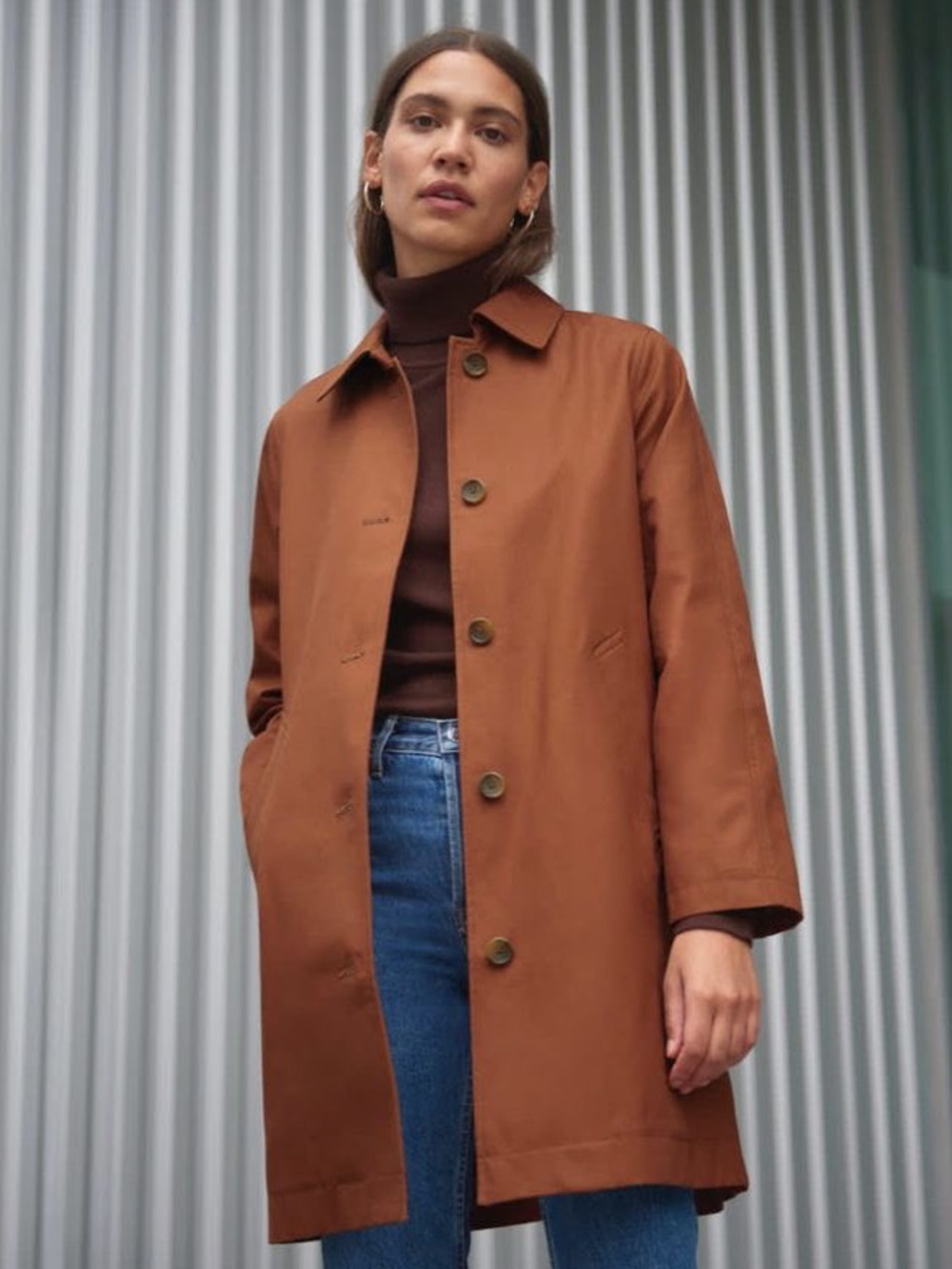 Everlane Mac Coat Chestnut Brown Stand Collar Slim Fit Mid Thigh Fall Winter